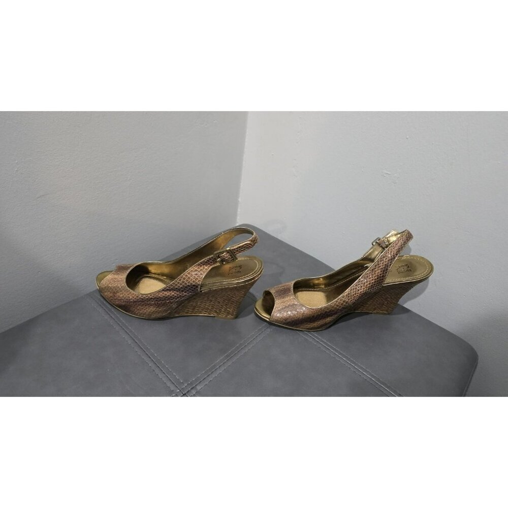Anne Klein Heels Wedge Gold Faux Snakeskin Slingback Womens Size 8.5